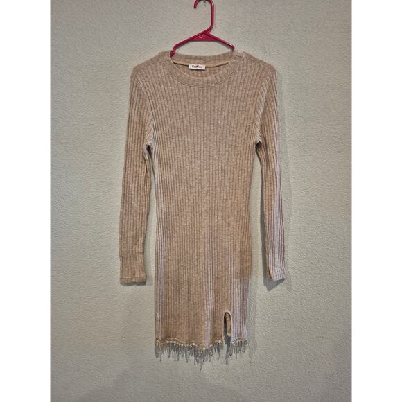 GeeGee Women's Size Medium Long Sleeve Ribbed Knit Mini Dress Tan - Picture 1 of 5